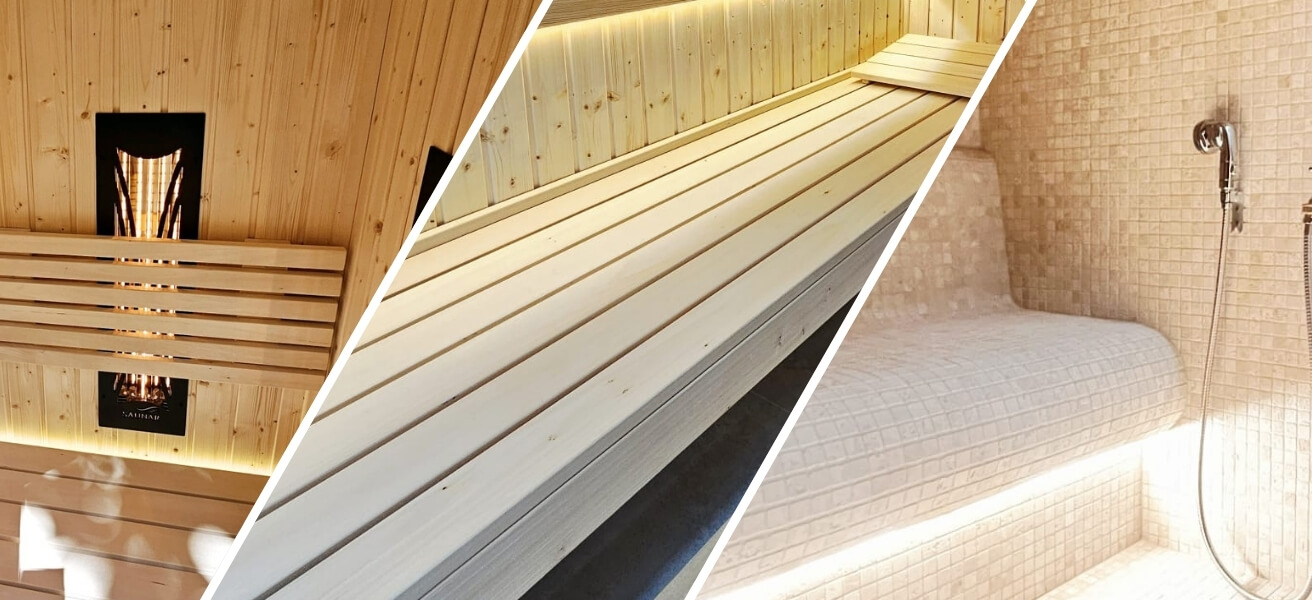 Zestawienie graficzne przedstawiające podstawowe rodzaje saun: po lewej kabina infrared z promiennikami, w środku drewniane ławy sauny suchej, po prawej ceramiczne wnętrze łaźni parowej.
